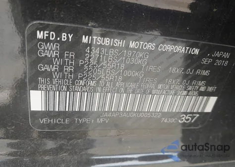 2019 Mitsubishi Outlander Sport 2.0 Es/2.0 Le/2.0 Sp z USA, uszkodzony, nr VIN JA4AP3AU0KU005322